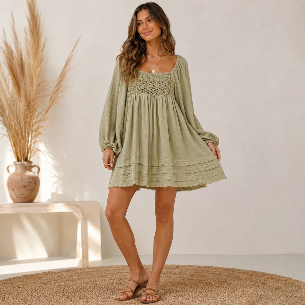 Olivaceous Green Gauze Babydoll‎ Mini Dress Tunic Crochet Cottagecore Boho Small